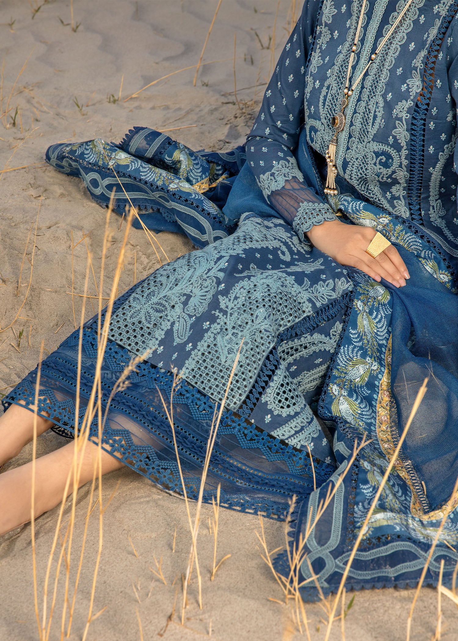 Crimson Luxury Lawn 2024 | Sarfaraz | Dancing Paisleys - Cobalt - Image 4