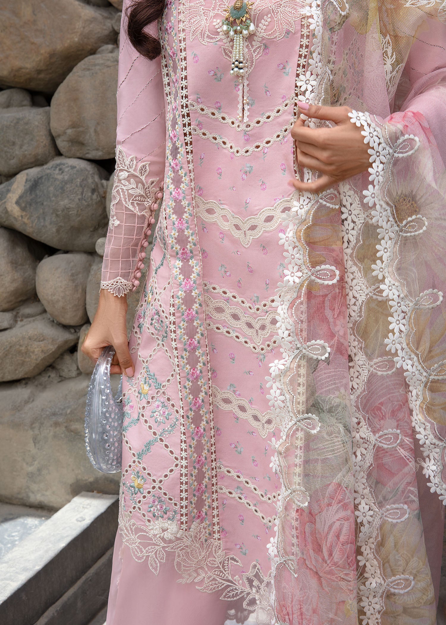 Crimson Luxury Lawn 2024 | Sarfaraz | A Floral Mesh - Rose Pink - Image 4