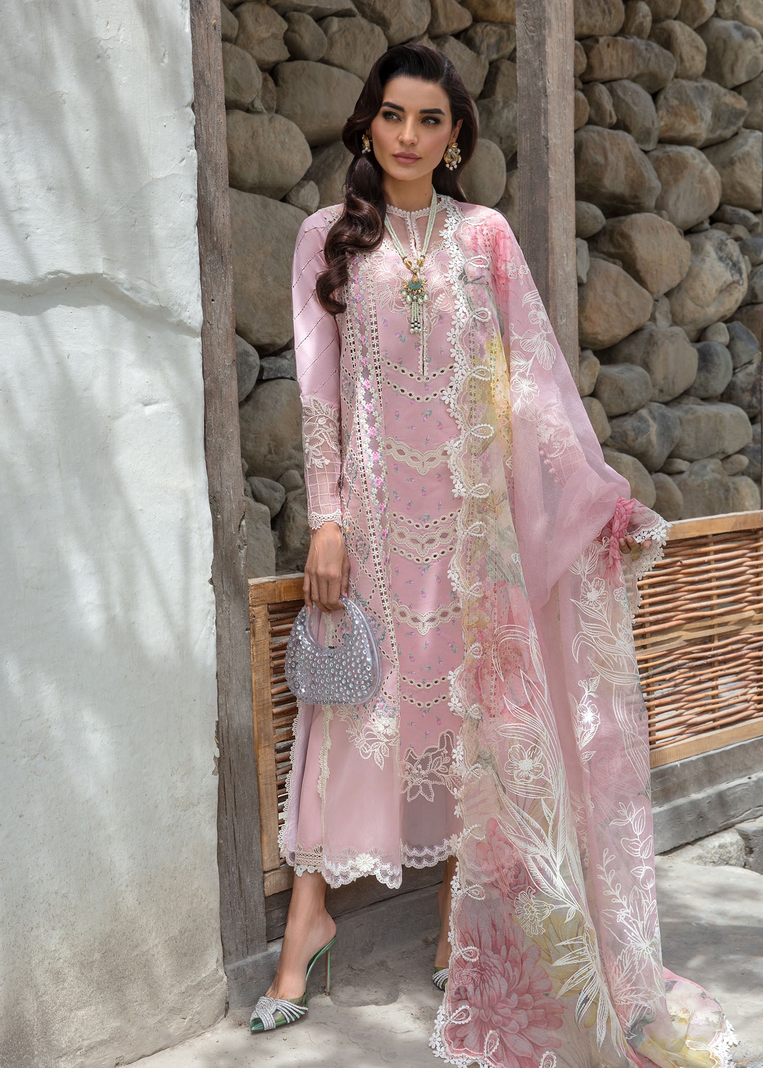 Crimson Luxury Lawn 2024 | Sarfaraz | A Floral Mesh - Rose Pink