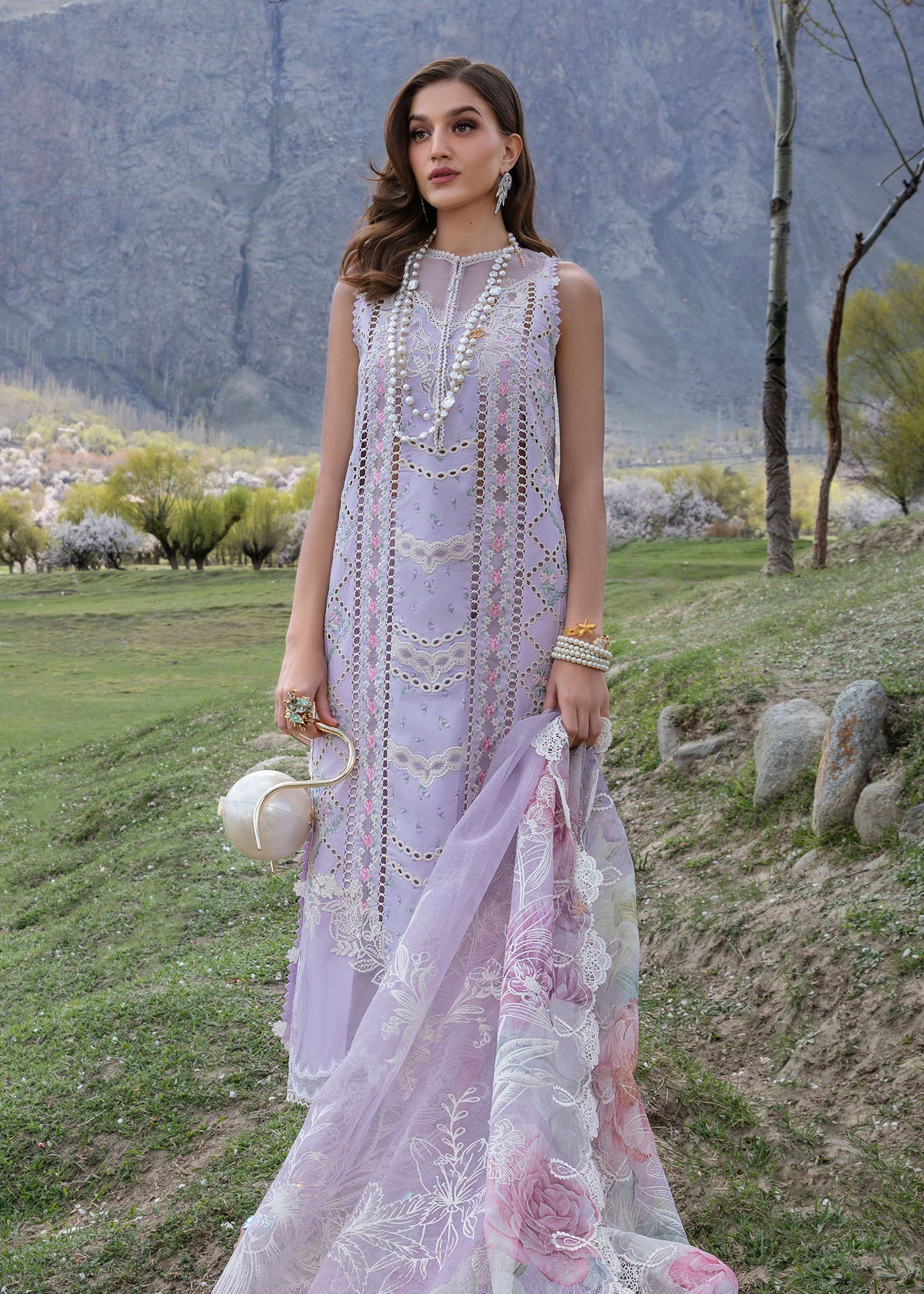 Crimson Luxury Lawn 2024 | Sarfaraz | A Floral Mesh - Lavender