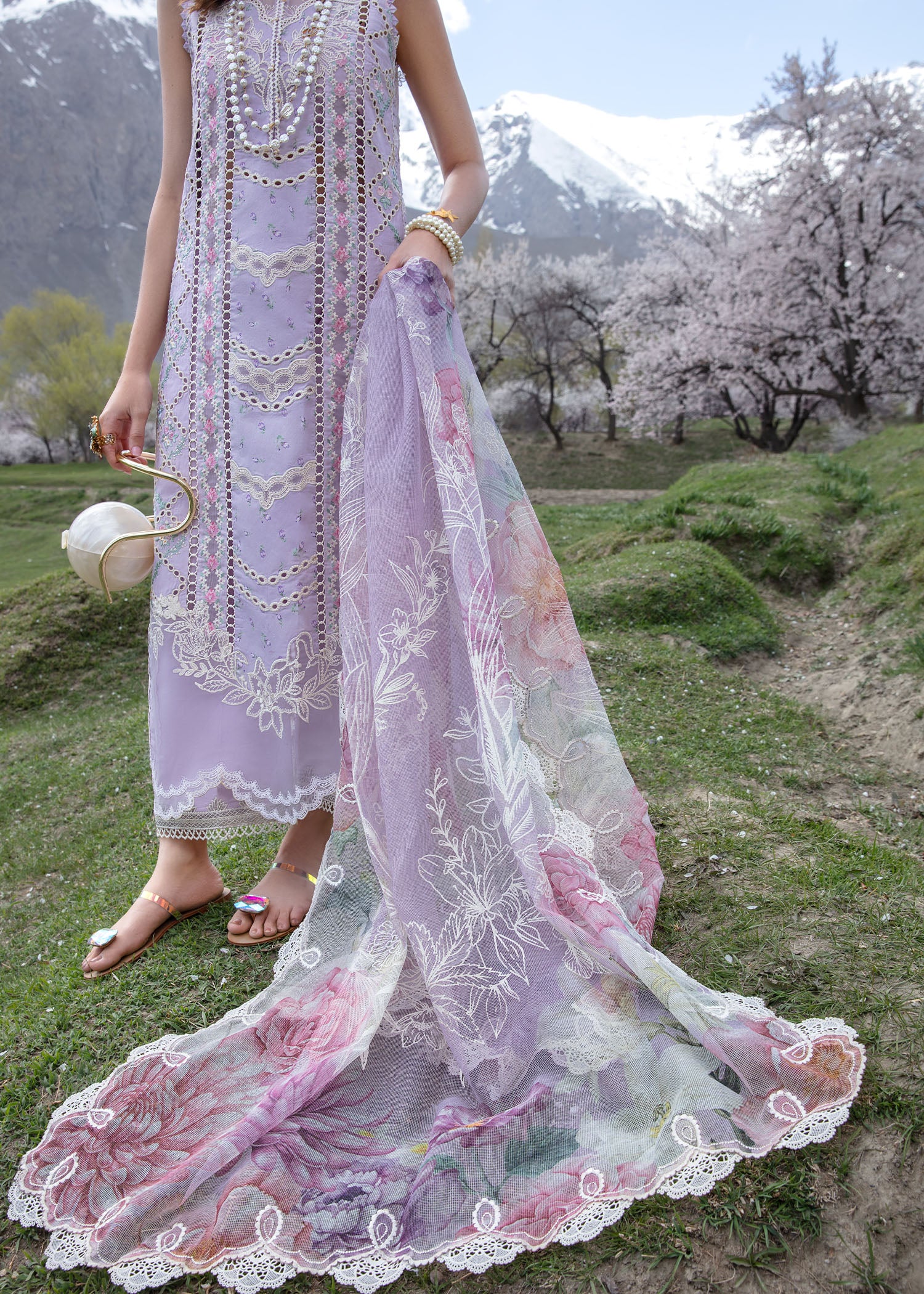Crimson Luxury Lawn 2024 | Sarfaraz | A Floral Mesh - Lavender - Image 3