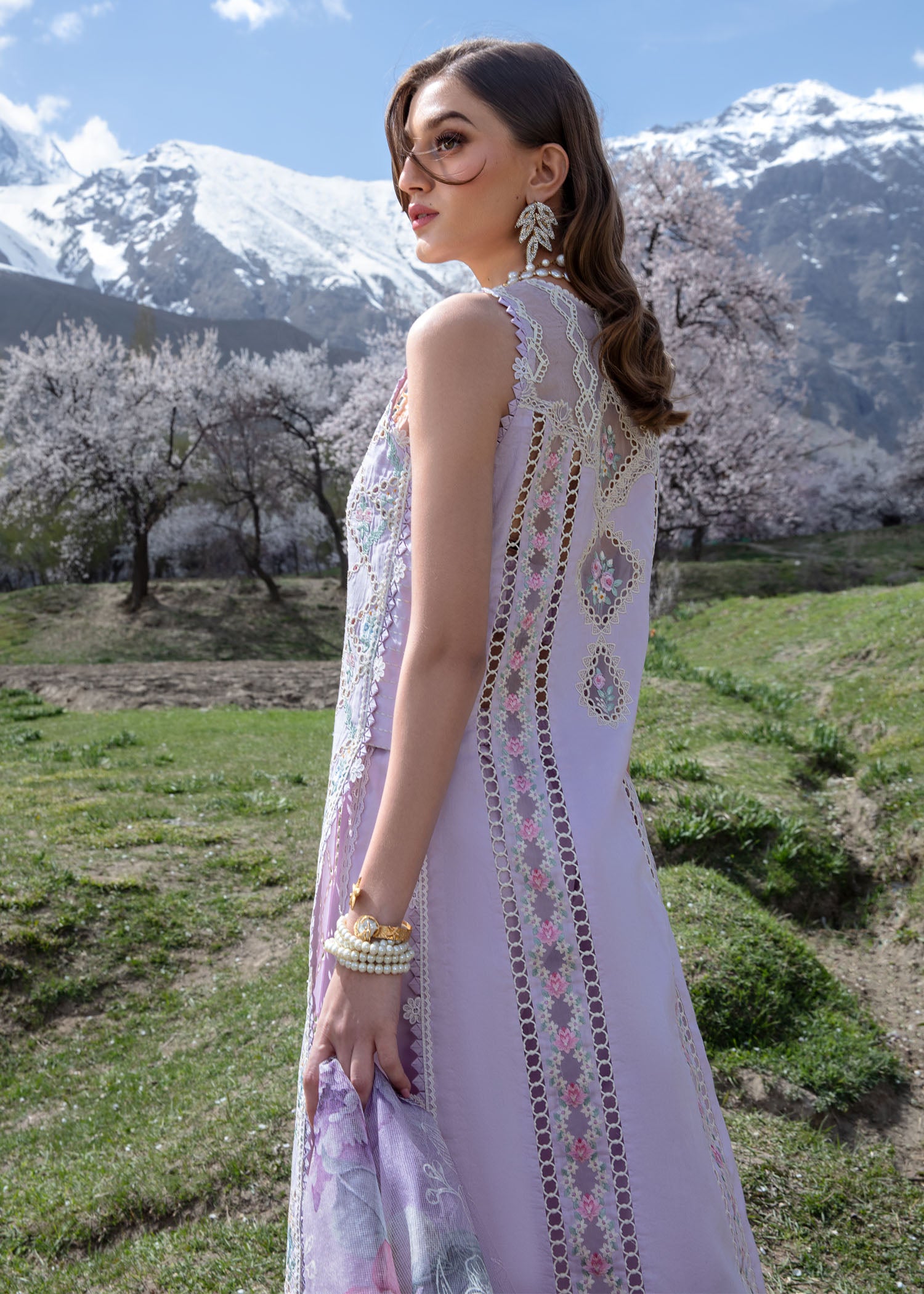 Crimson Luxury Lawn 2024 | Sarfaraz | A Floral Mesh - Lavender - Image 4