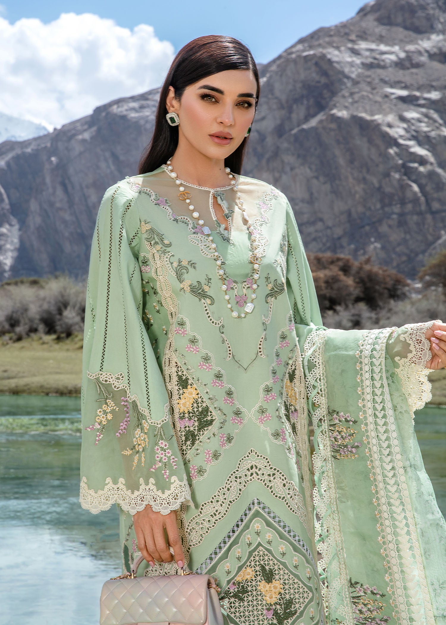 Crimson Luxury Lawn 2024 | Sarfaraz | A French Brunch - Sage - Image 3