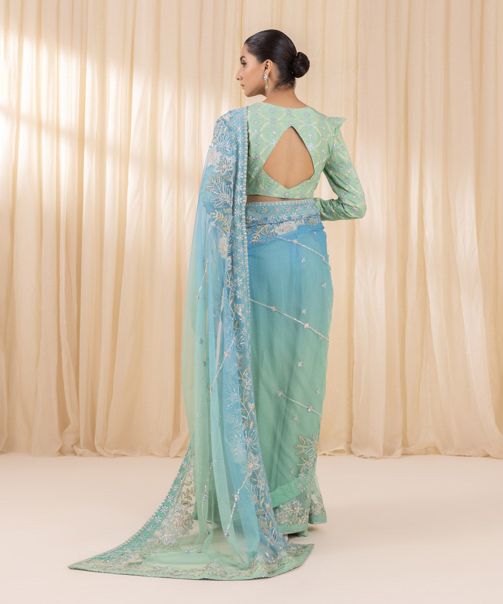 Sky Blue and Mint Ombre Saree | 3SFELX24V651 - Image 4