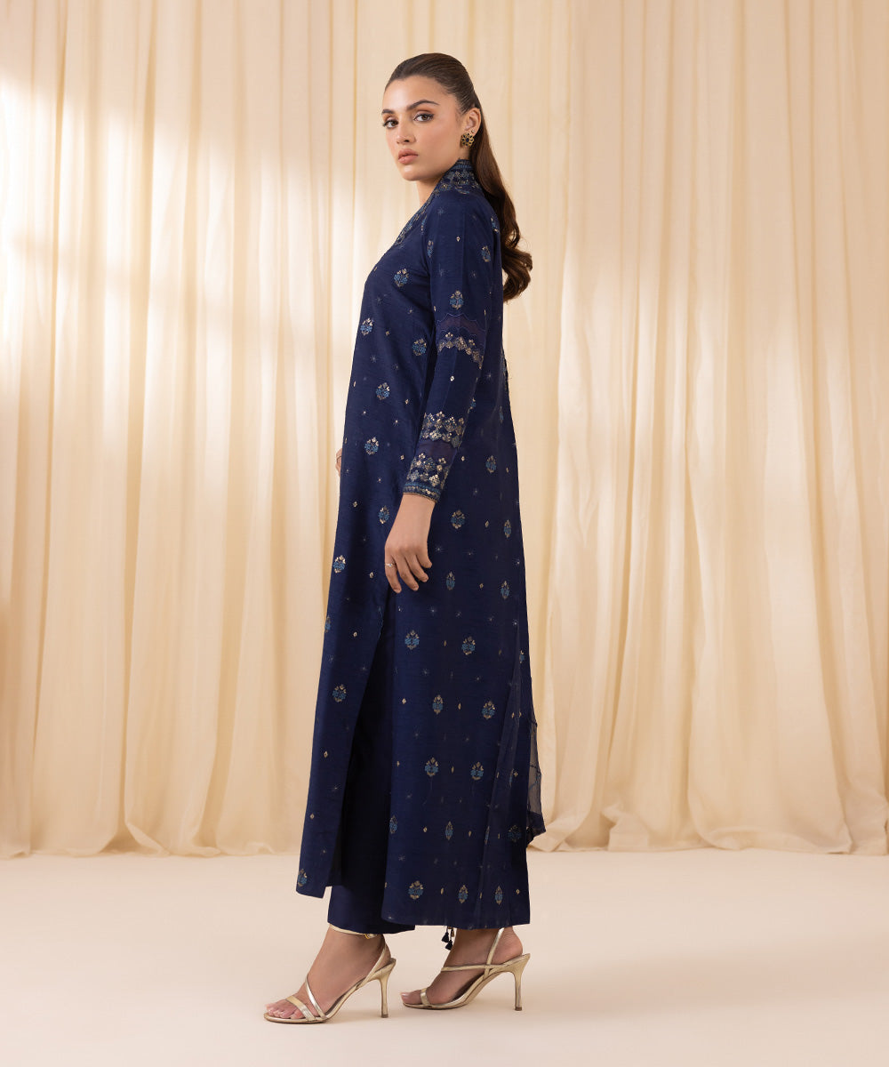 Navy Blue Embroidered Silk Salwar Kameez | 000RFLX24V36 - Image 3