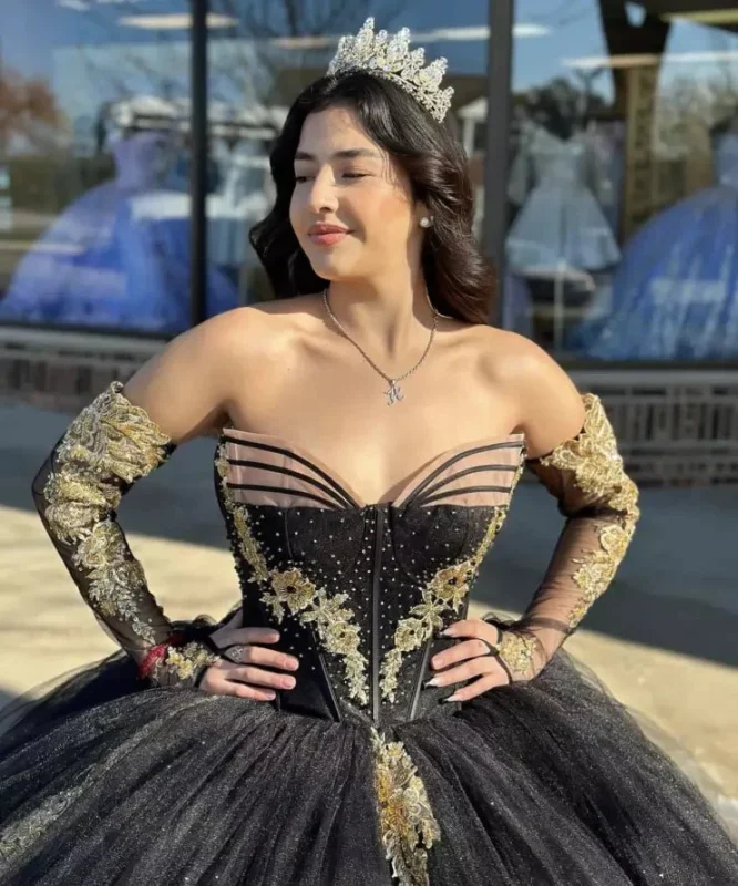 Black Long Sleeves Strapless Quinceanera Dresses with Appliques | Western Wear - Image 2